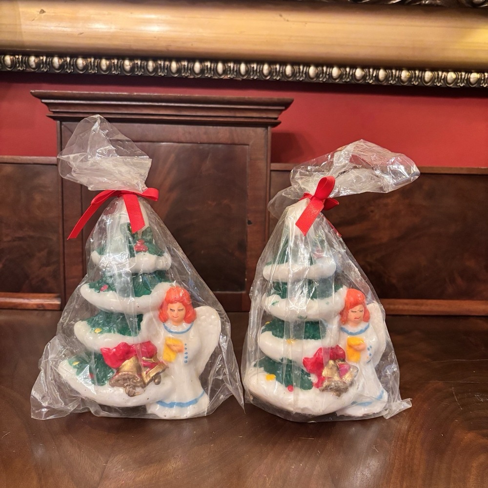 Vintage 1980s Kmart Christmas Tree Angel Candle Figurines Sealed Set of 2